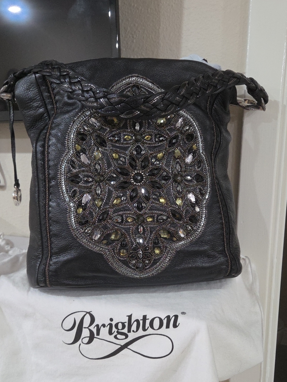 Brighton Black Braided-Handle Embellished Shoulder Bag